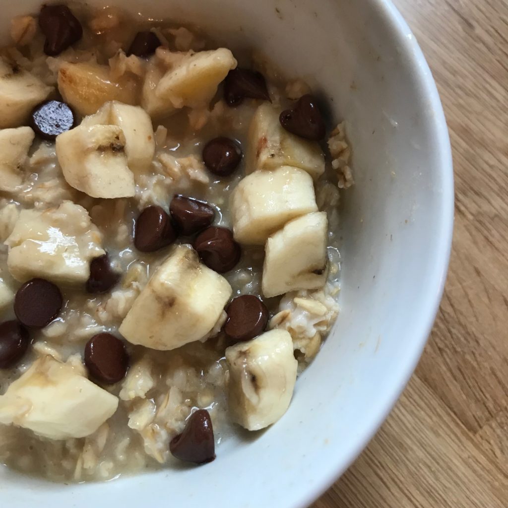 Banana, Chocolate Chip, and Peanut Butter Oatmeal Bowl