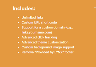 Lynx Pro Membership details unlimited links custom short code click tracking