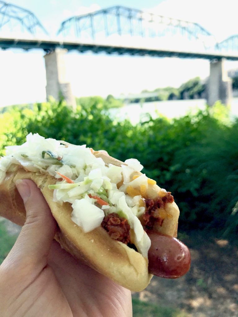 hot dog with slaw and chili